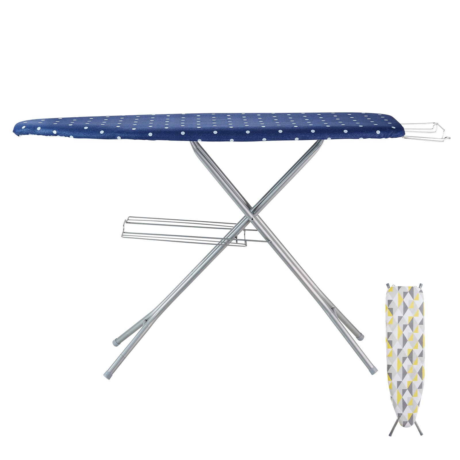VEVOR Tabla de planchar con bandeja de almacenamiento inferior, tabla de planchar gruesa de 4 capas con funda resistente al calor y funda 100% algodón, tabla de planchar de 10 alturas ajustables para uso en la lavandería del hogar (tamaño 55 x 15)