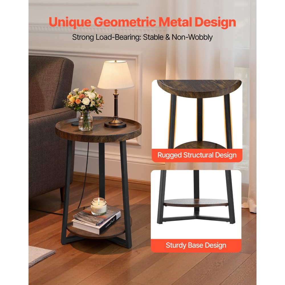 VEVOR Mesa auxiliar, mesa auxiliar redonda de 2 niveles con estantes abiertos, mesita de noche moderna con puerto de carga USB y CA, escritorio madera para sala de estar, dormitorio, oficina, marrón