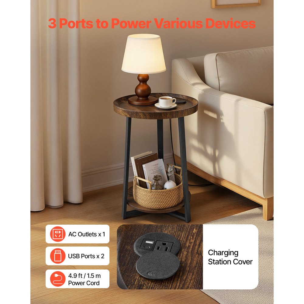 VEVOR Mesa auxiliar, mesa auxiliar redonda de 2 niveles con estantes abiertos, mesita de noche moderna con puerto de carga USB y CA, escritorio madera para sala de estar, dormitorio, oficina, marrón