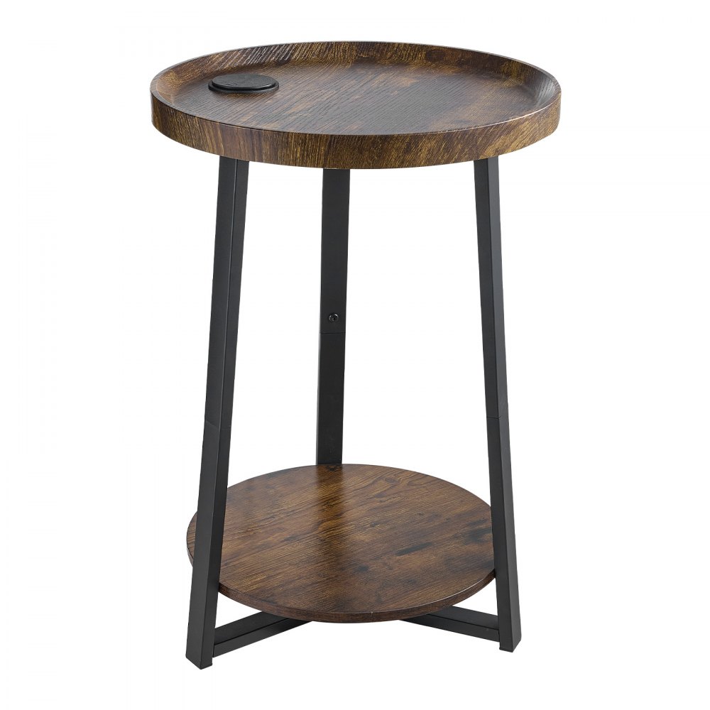 VEVOR Mesa auxiliar, mesa auxiliar redonda de 2 niveles con estantes abiertos, mesita de noche moderna con puerto de carga USB y CA, escritorio madera para sala de estar, dormitorio, oficina, marrón