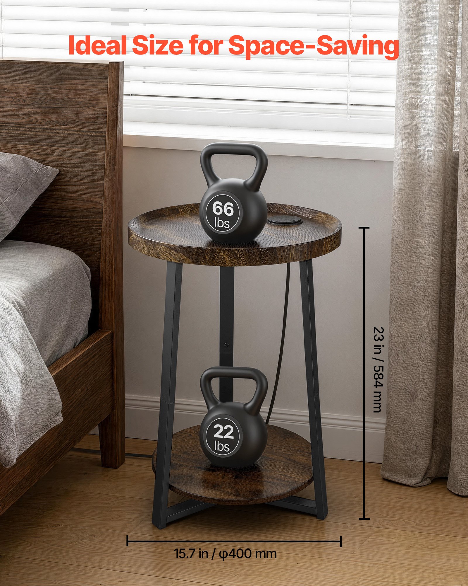 VEVOR Mesa auxiliar, mesa auxiliar redonda de 2 niveles con estantes abiertos, mesita de noche moderna con puerto de carga USB y CA, escritorio madera para sala de estar, dormitorio, oficina, marrón