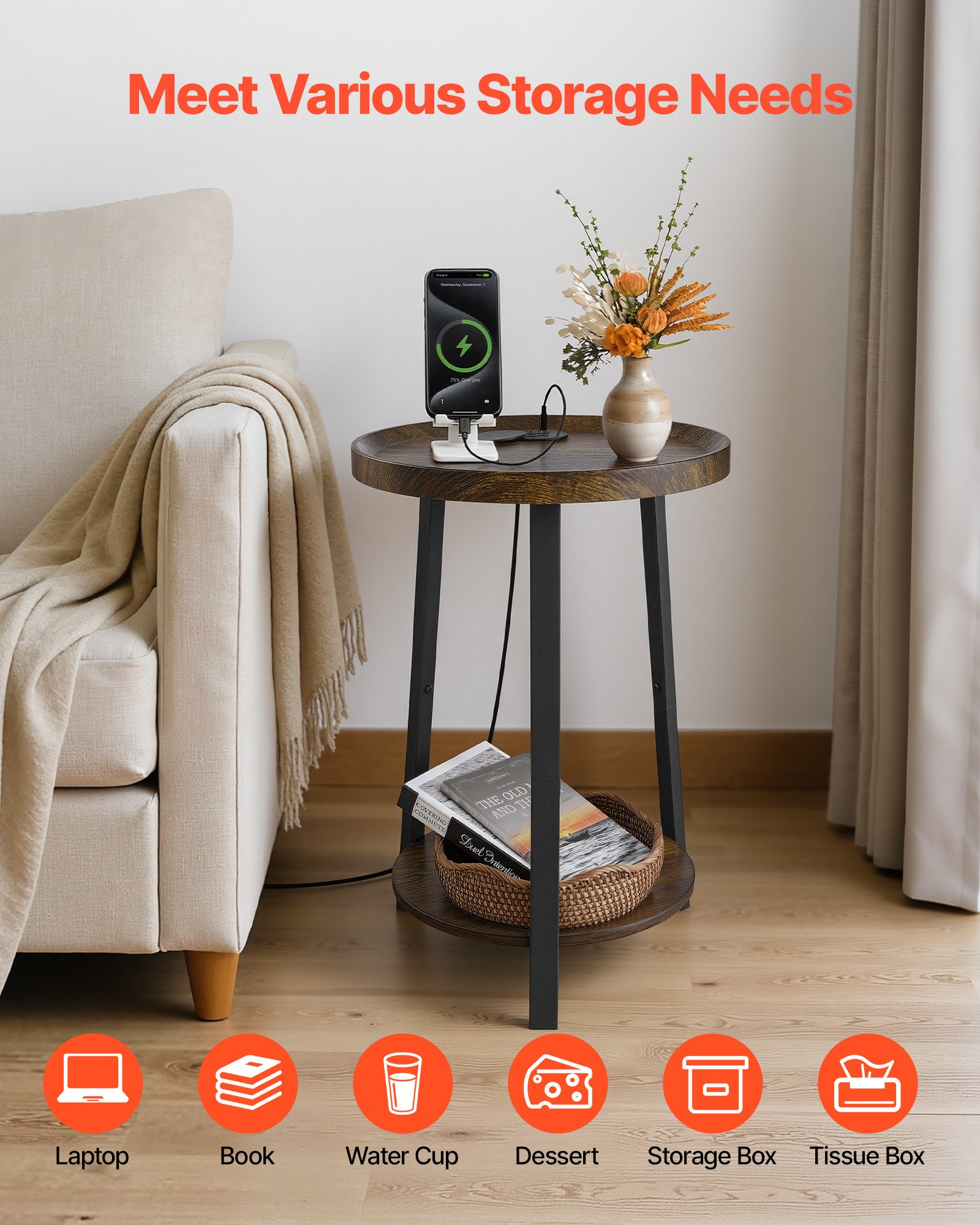 VEVOR Mesa auxiliar, mesa auxiliar redonda de 2 niveles con estantes abiertos, mesita de noche moderna con puerto de carga USB y CA, escritorio madera para sala de estar, dormitorio, oficina, marrón