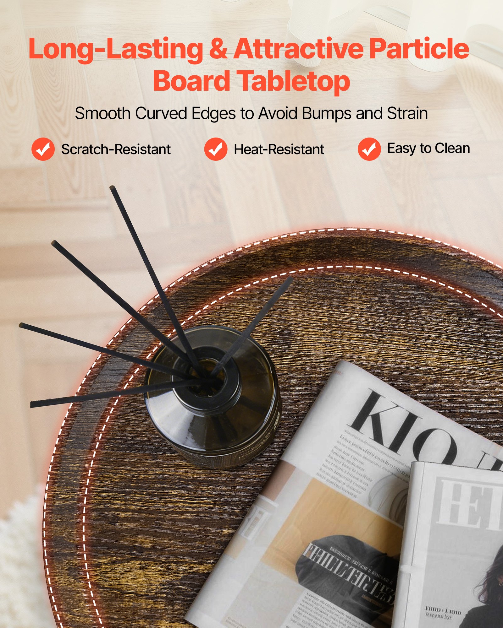 VEVOR Mesa auxiliar, mesa auxiliar redonda de 2 niveles con estantes abiertos, mesita de noche moderna con puerto de carga USB y CA, escritorio madera para sala de estar, dormitorio, oficina, marrón