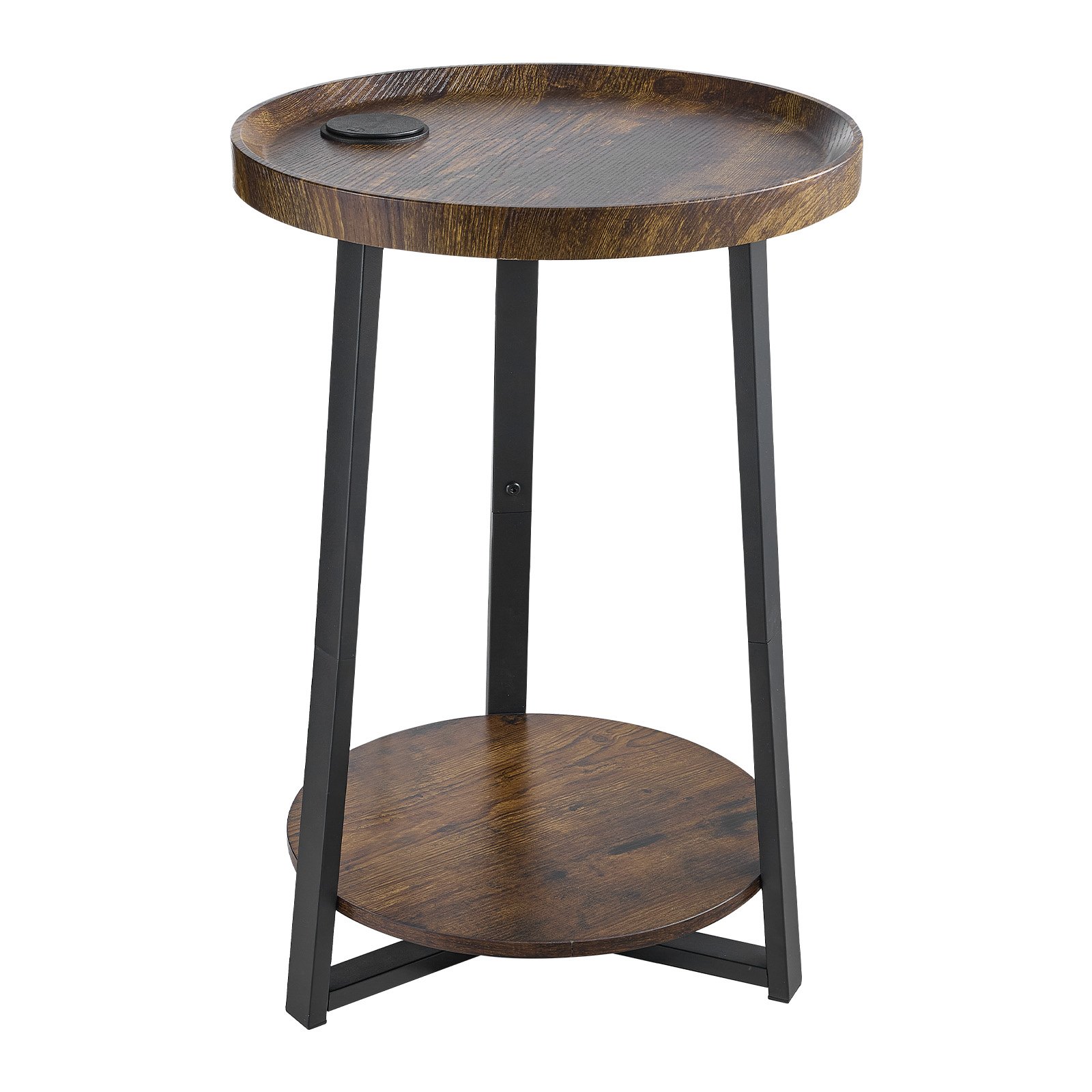 VEVOR Mesa auxiliar, mesa auxiliar redonda de 2 niveles con estantes abiertos, mesita de noche moderna con puerto de carga USB y CA, escritorio madera para sala de estar, dormitorio, oficina, marrón