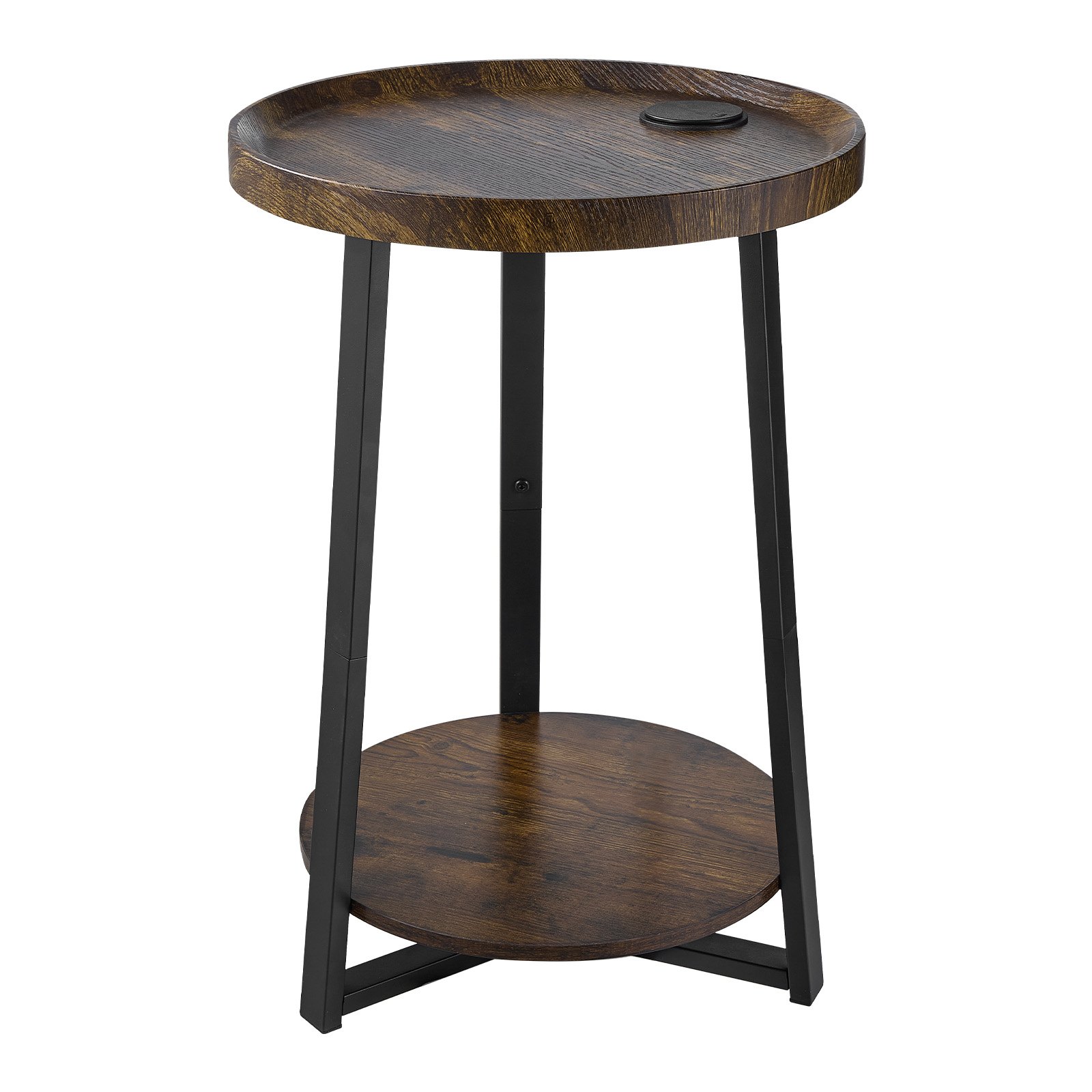 VEVOR Mesa auxiliar, mesa auxiliar redonda de 2 niveles con estantes abiertos, mesita de noche moderna con puerto de carga USB y CA, escritorio madera para sala de estar, dormitorio, oficina, marrón