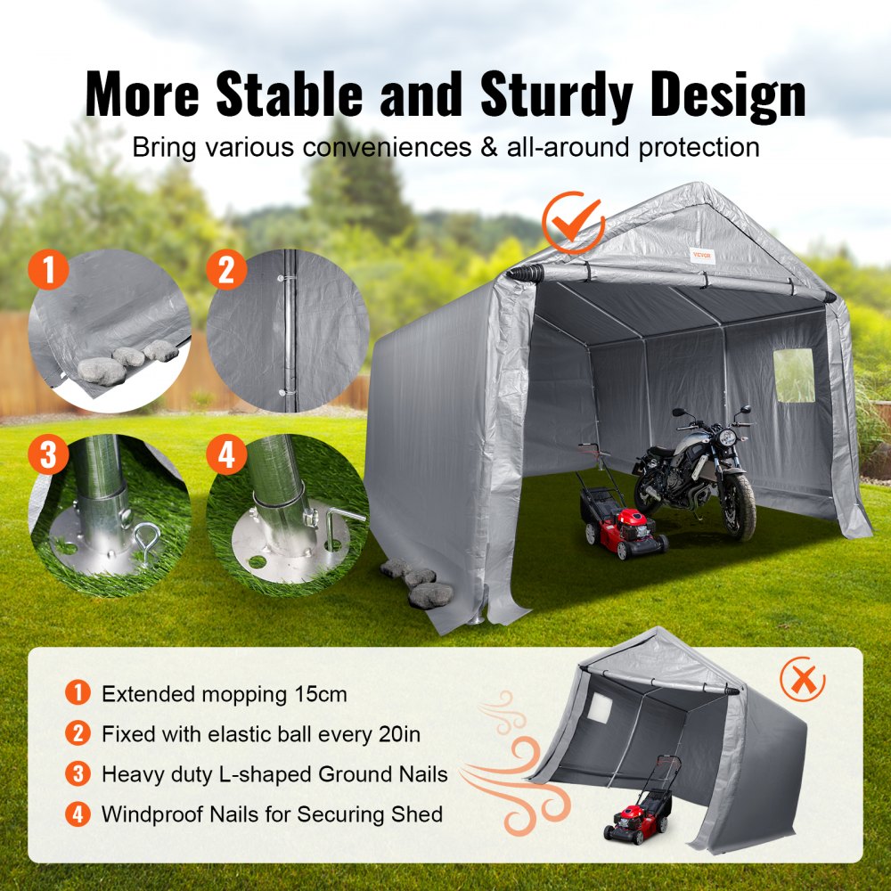 VEVOR Cobertizo de almacenamiento portátil para exteriores, 10 x 15 x 8 pies, resistente, toldo instantáneo para tienda de campaña, cochera con puerta enrollable con cremallera y ventanas ventiladas para automóviles, motocicletas, bicicletas, herramientas de jardín