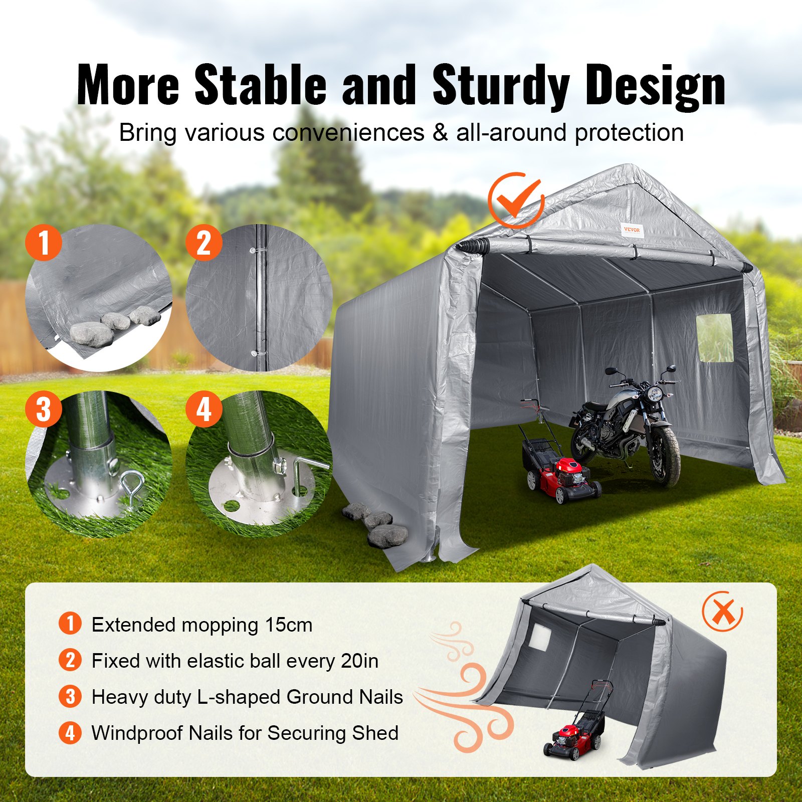 VEVOR Cobertizo de almacenamiento portátil para exteriores, 10 x 15 x 8 pies, resistente, toldo instantáneo para tienda de campaña, cochera con puerta enrollable con cremallera y ventanas ventiladas para automóviles, motocicletas, bicicletas, herramientas de jardín