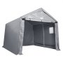 Cobertizo portátil VEVOR, gris, estructura de metal, puerta enrollable y ventanas laterales para ventilación.