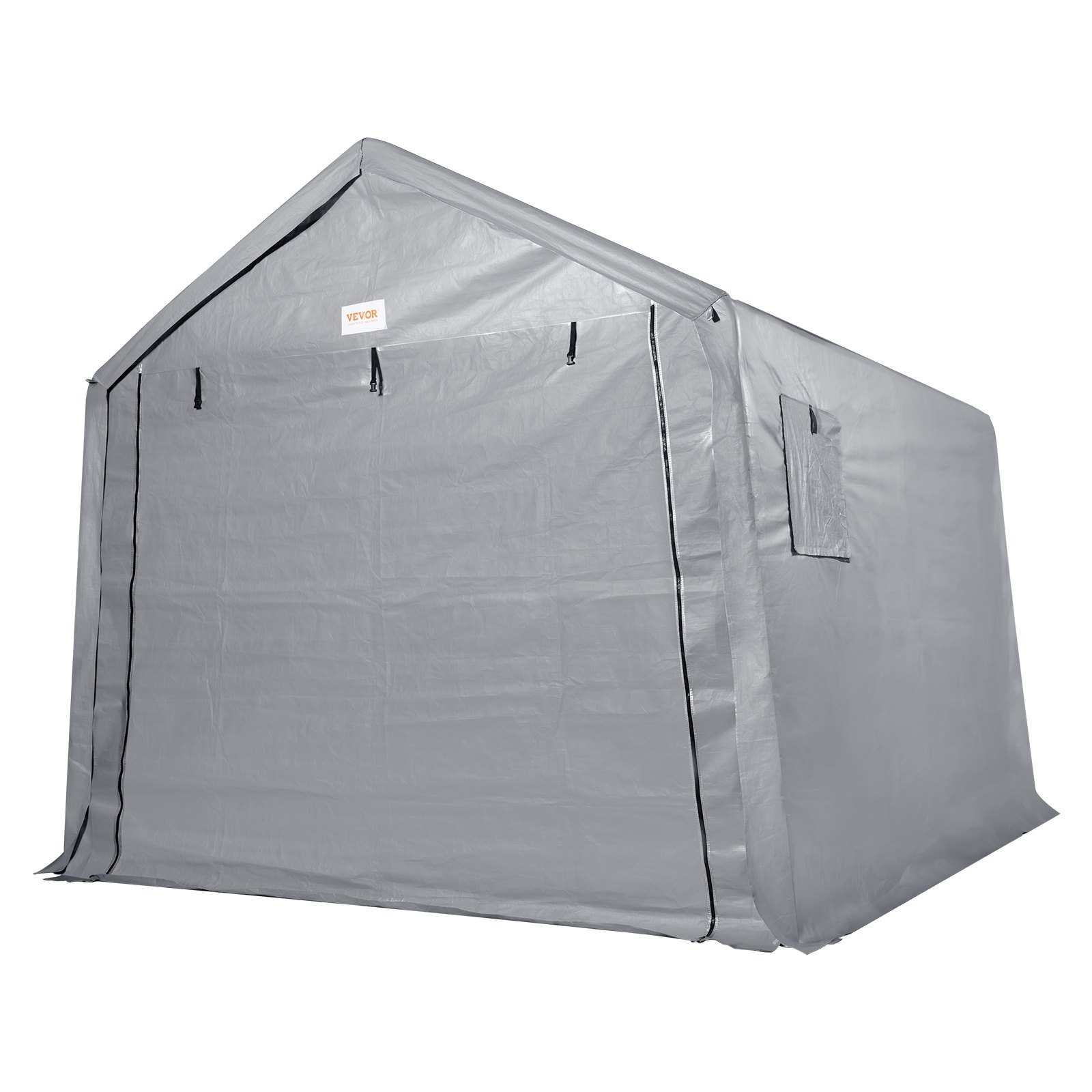 Cobertizo portátil VEVOR gris con entrada con cremallera y ventana de ventilación. Duradero y resistente a la intemperie.
