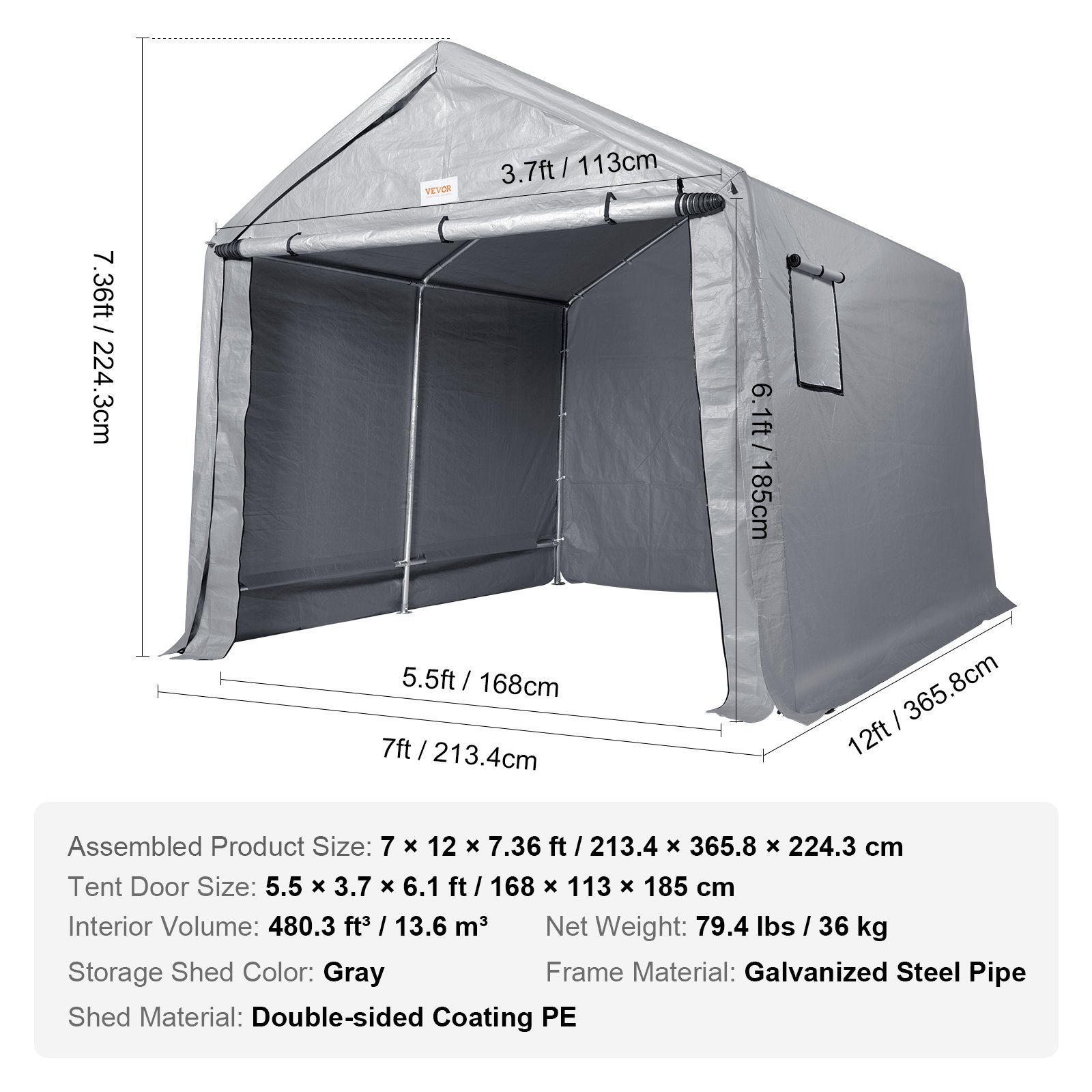 Refugio compacto para exteriores VEVOR, 2,1 x 3,6 x 2,2 m, resistente, para toda la temporada, carpa de montaje instantáneo con puerta enrollable con cremallera y ventanas transpirables para motocicletas, bicicletas y equipos de jardín.