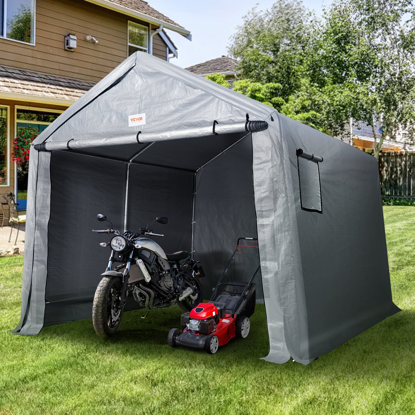 Refugio compacto para exteriores VEVOR, 2,1 x 3,6 x 2,2 m, resistente, para toda la temporada, carpa de montaje instantáneo con puerta enrollable con cremallera y ventanas transpirables para motocicletas, bicicletas y equipos de jardín.