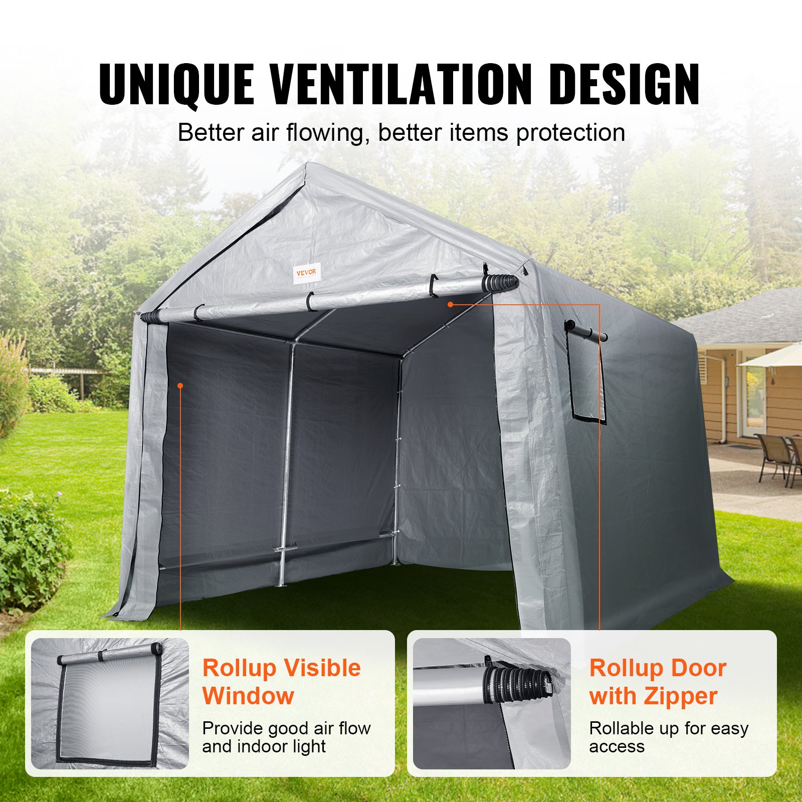 Cobertizo portátil VEVOR con ventana enrollable visible, puerta con cremallera y diseño de ventilación único en un patio trasero.