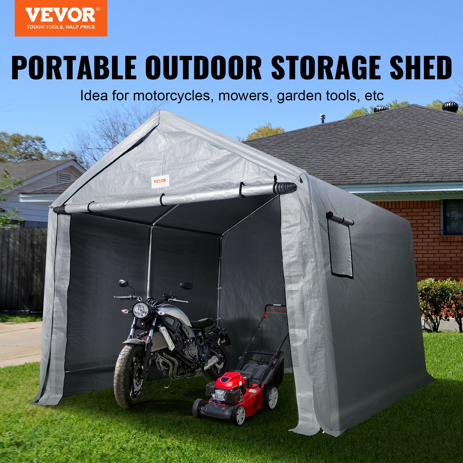 Cobertizo portátil VEVOR para almacenamiento al aire libre de motocicletas, cortadoras de césped y herramientas de jardinería.