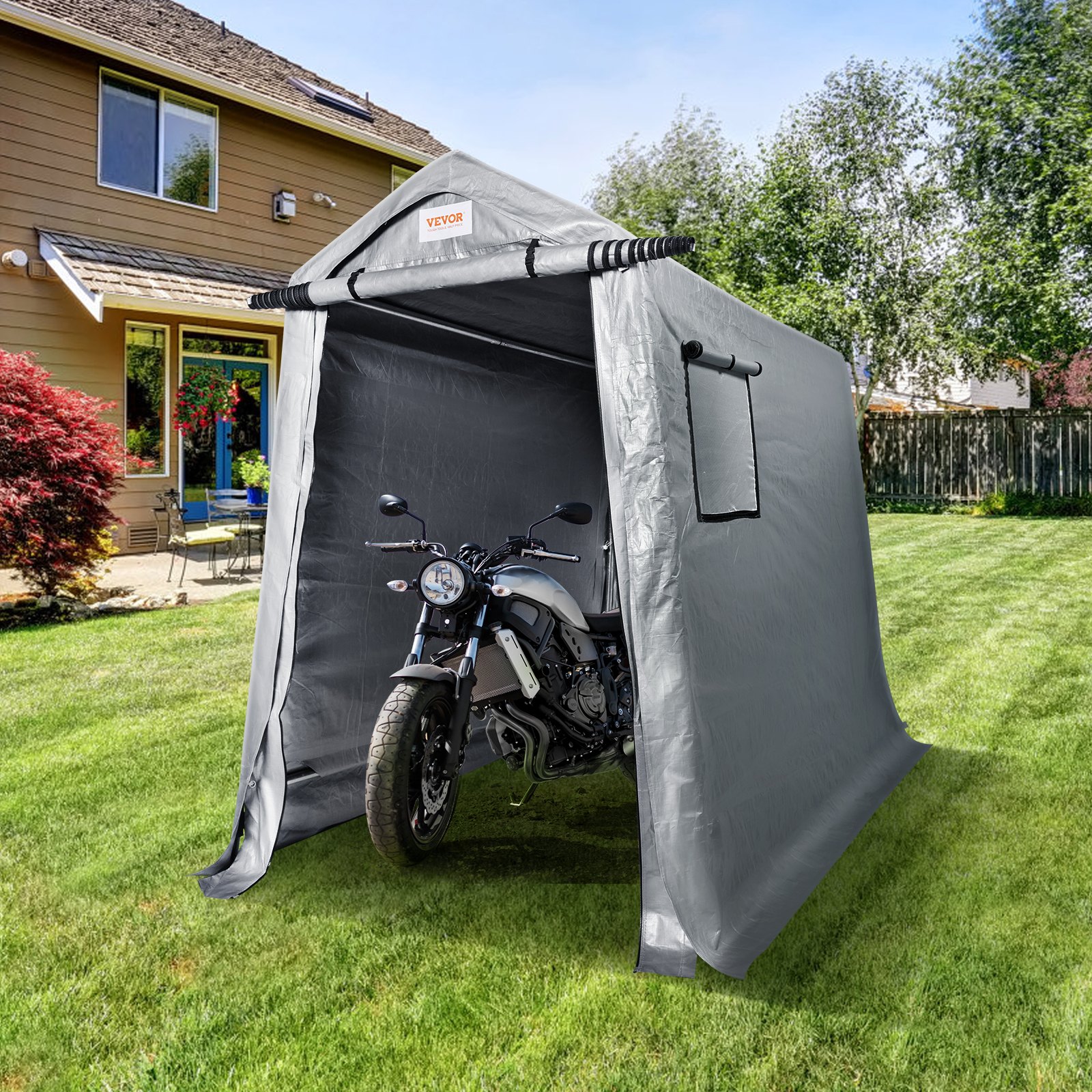 Refugio compacto para exteriores VEVOR, 1,8 x 2,4 x 2,1 m, resistente, para toda la temporada, carpa de montaje instantáneo con puerta enrollable y ventanas transpirables para motocicletas, bicicletas y equipos de jardín.