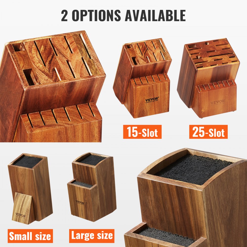 VEVOR Portacuchillas universal, bloque de cuchillos de madera de acacia sin cuchillos, soporte de almacenamiento de cuchillos de dos niveles con cepillo de PP, organizador de cuchillos de madera multifuncional extra grande, estante para cuchillos para mostrador de cocina