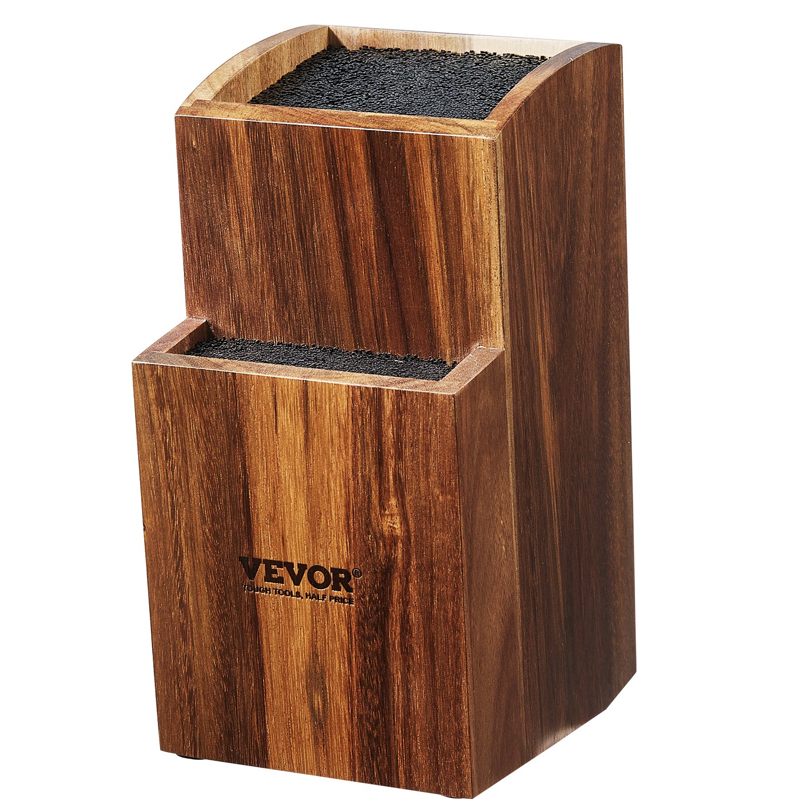 VEVOR Portacuchillas universal, bloque de cuchillos de madera de acacia sin cuchillos, soporte de almacenamiento de cuchillos de dos niveles con cepillo de PP, organizador de cuchillos de madera multifuncional extra grande, estante para cuchillos para mostrador de cocina