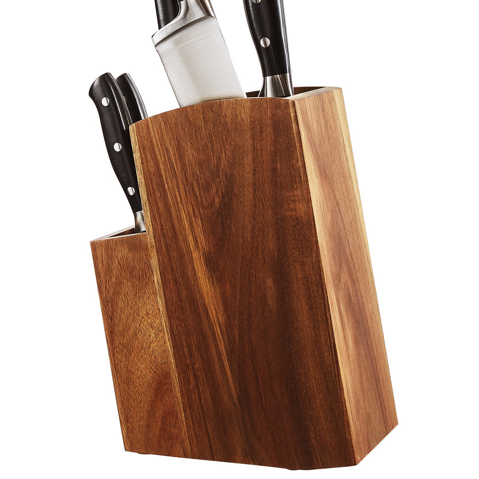 VEVOR Portacuchillas universal, bloque de cuchillos de madera de acacia sin cuchillos, soporte de almacenamiento de cuchillos de dos niveles con cepillo de PP, organizador de cuchillos de madera multifuncional extra grande, estante para cuchillos para mostrador de cocina