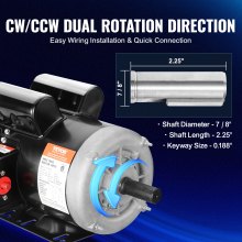 VEVOR Motor eléctrico 2HP 1725 rpm, AC 115V/230V, marco 143/5T, motor compresor de aire monofásico, eje con llave de 7/8", rotación CW/CCW para maquinaria agrícola y equipo general