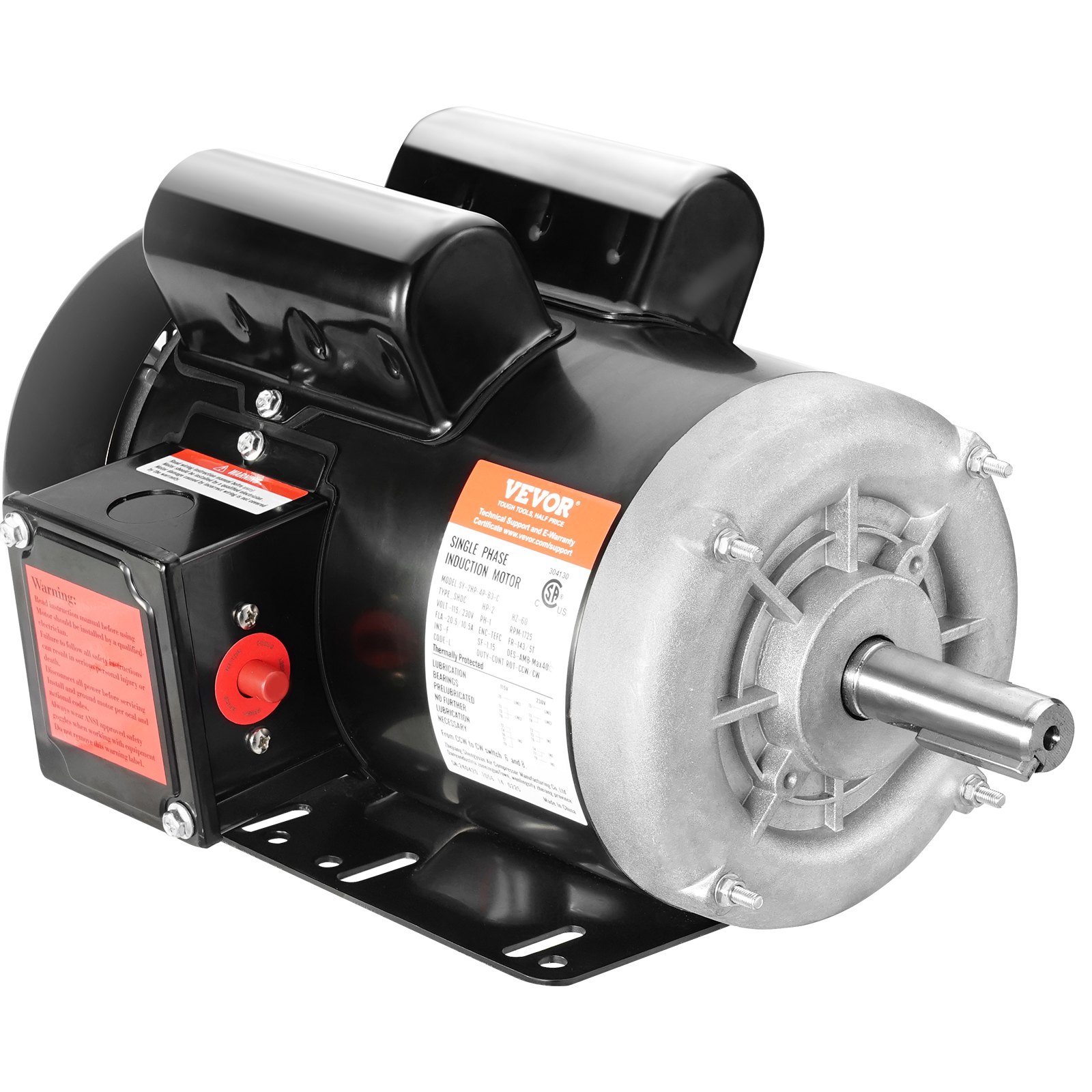 Motor eléctrico VEVOR de 2 HP, 1725 rpm, CA 115 V/230 V, chasis de 143/5 T, compresor de aire monofásico, eje de chaveta de 7/8", rotación en sentido horario/antihorario para maquinaria agrícola y equipos generales.