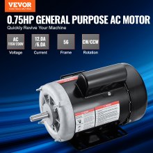 VEVOR Motor eléctrico 0.75HP 1725 rpm, AC 115V/230V, 56 marcos, motor compresor de aire monofásico, eje con llave de 5/8", rotación CW/CCW para maquinaria agrícola y equipo general