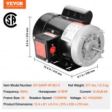 VEVOR Motor eléctrico 0.75HP 1725 rpm, AC 115V/230V, 56 marcos, motor compresor de aire monofásico, eje con llave de 5/8", rotación CW/CCW para maquinaria agrícola y equipo general