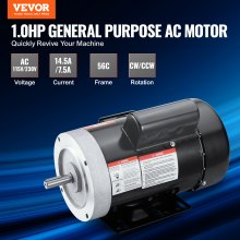 VEVOR Motor eléctrico 1HP 1725 rpm, AC 115V/230V, marco 56C, motor compresor de aire monofásico, eje con llave de 5/8", rotación CW/CCW para maquinaria agrícola y equipo general