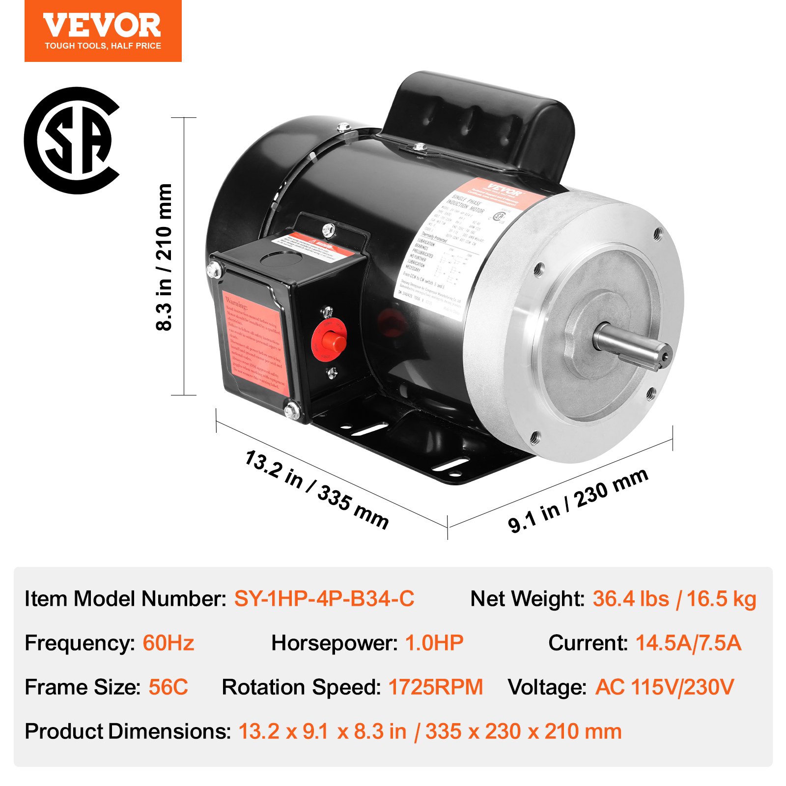 Motor eléctrico VEVOR de 1 HP, 1725 rpm, CA 115 V/230 V, chasis 56C, motor compresor de aire monofásico, eje con chaveta de 5/8", rotación en sentido horario/antihorario para maquinaria agrícola y equipos generales.