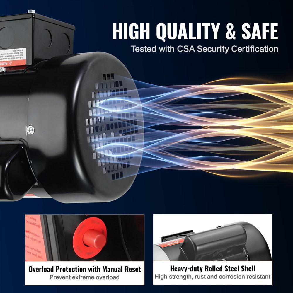 Motor eléctrico VEVOR de 0,75 HP, 1725 rpm, CA 115 V/230 V, chasis 56C, motor compresor de aire monofásico, eje con chaveta de 5/8", rotación en sentido horario/antihorario para maquinaria agrícola y equipos generales.