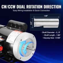 VEVOR Motor eléctrico 0.75HP 1725 rpm, AC 115V/230V, marco 56C, motor compresor de aire monofásico, eje con llave de 5/8", rotación CW/CCW para maquinaria agrícola y equipo general