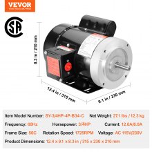 VEVOR Motor eléctrico 0.75HP 1725 rpm, AC 115V/230V, marco 56C, motor compresor de aire monofásico, eje con llave de 5/8", rotación CW/CCW para maquinaria agrícola y equipo general