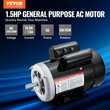 VEVOR Motor eléctrico 1.5HP 3450 rpm, AC 115V/230V, 56 marcos, motor compresor de aire monofásico, eje con llave de 5/8", rotación CW/CCW para maquinaria agrícola y equipo general