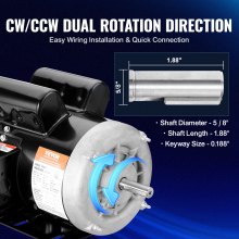 VEVOR Motor eléctrico 1.5HP 3450 rpm, AC 115V/230V, 56 marcos, motor compresor de aire monofásico, eje con llave de 5/8", rotación CW/CCW para maquinaria agrícola y equipo general