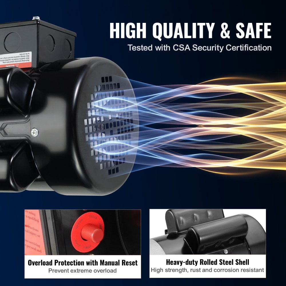 Motor eléctrico VEVOR de 1.5 HP, 1725 rpm, CA 115 V/230 V, chasis 56C, motor compresor de aire monofásico, eje con chaveta de 5/8", rotación en sentido horario/antihorario para maquinaria agrícola y equipos generales.