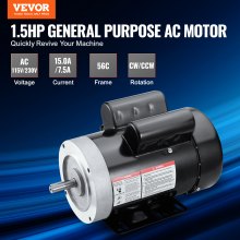 VEVOR Motor eléctrico 1.5HP 1725 rpm, AC 115V/230V, marco 56C, motor compresor de aire monofásico, eje con llave de 5/8", rotación CW/CCW para maquinaria agrícola y equipo general