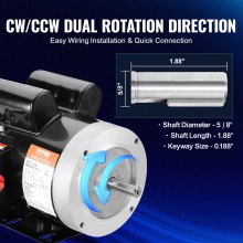 VEVOR Motor eléctrico 1.5HP 1725 rpm, AC 115V/230V, marco 56C, motor compresor de aire monofásico, eje con llave de 5/8", rotación CW/CCW para maquinaria agrícola y equipo general