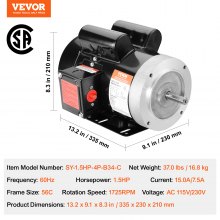 VEVOR Motor eléctrico 1.5HP 1725 rpm, AC 115V/230V, marco 56C, motor compresor de aire monofásico, eje con llave de 5/8", rotación CW/CCW para maquinaria agrícola y equipo general