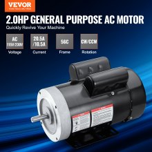 VEVOR Motor eléctrico 2HP 1725 rpm, AC 115V/230V, marco 56C, motor compresor de aire monofásico, eje con llave de 5/8", rotación CW/CCW para maquinaria agrícola y equipo general