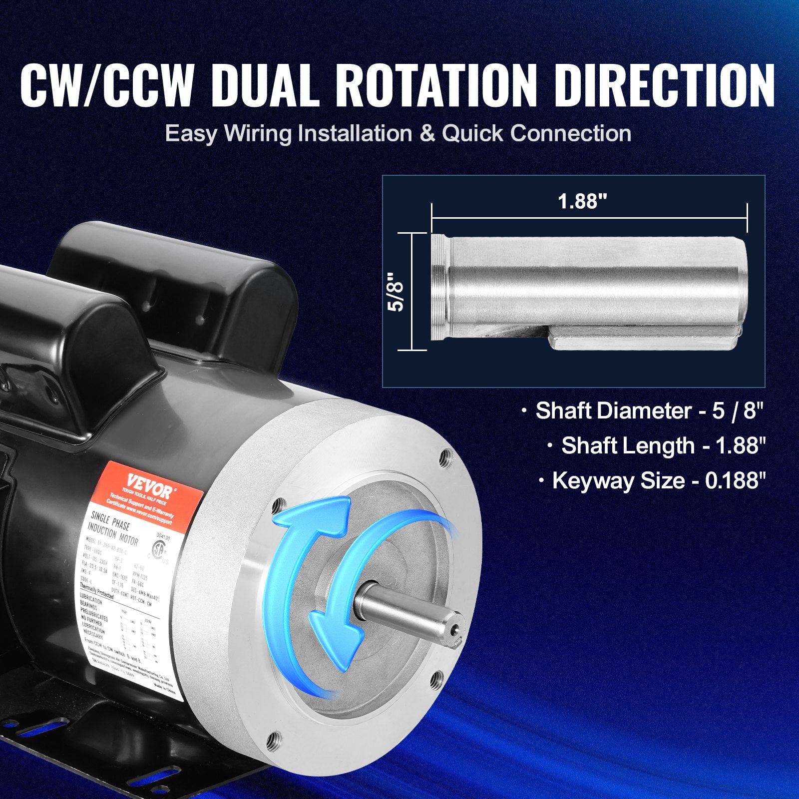 Motor eléctrico VEVOR de 2 HP, 1725 rpm, CA 115 V/230 V, chasis 56C, motor compresor de aire monofásico, eje con chaveta de 5/8", rotación en sentido horario/antihorario para maquinaria agrícola y equipos generales.