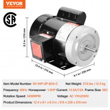 VEVOR Motor eléctrico 1HP 3450 rpm, AC 115V/230V, marco 56C, motor compresor de aire monofásico, eje con llave de 5/8", rotación CW/CCW para maquinaria agrícola y equipo general