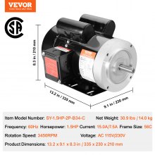 VEVOR Motor eléctrico 1.5HP 3450 rpm, AC 115V/230V, marco 56C, motor compresor de aire monofásico, eje con llave de 5/8", rotación CW/CCW para maquinaria agrícola y equipo general