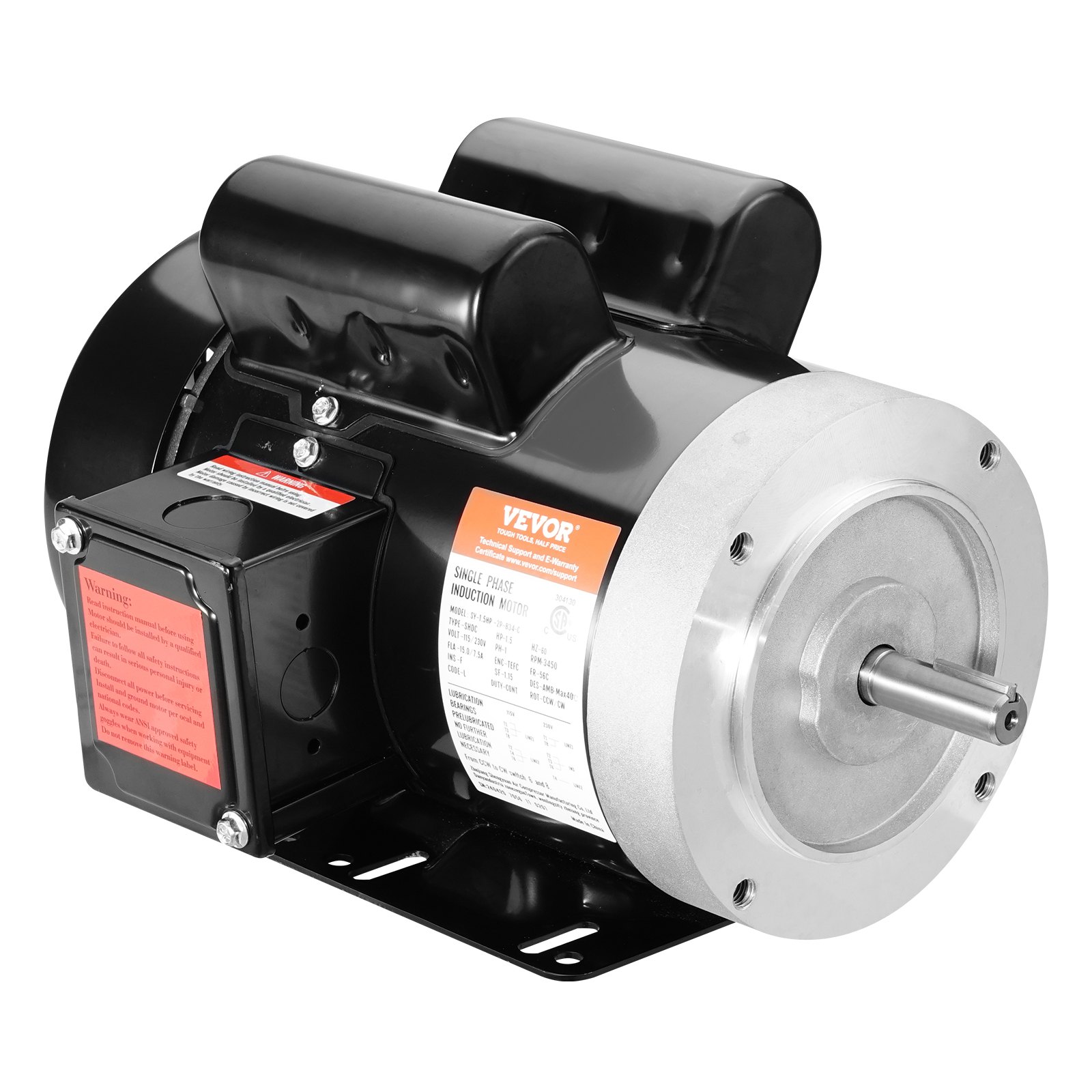Motor eléctrico VEVOR de 1,5 HP, 3450 rpm, CA 115 V/230 V, chasis 56C, motor compresor de aire monofásico, eje con chaveta de 5/8", rotación en sentido horario/antihorario para maquinaria agrícola y equipos generales.