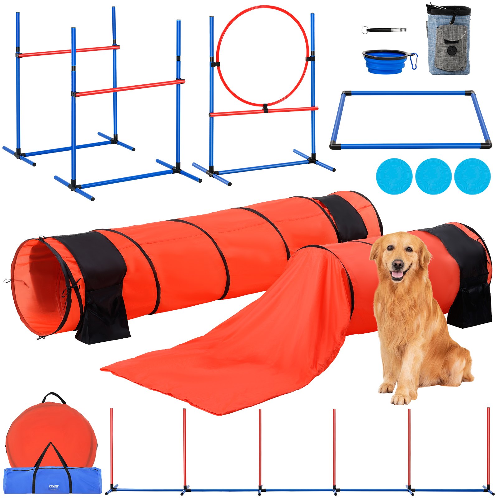 Equipo de entrenamiento de agilidad para perros VEVOR, juego de 7 piezas con vallas altas ajustables, 6 postes de tejido, 2 túneles, aro de salto, caja de pausa, silbato, cuenco plegable y kit de carrera de obstáculos para cachorros con 3 bolsas.