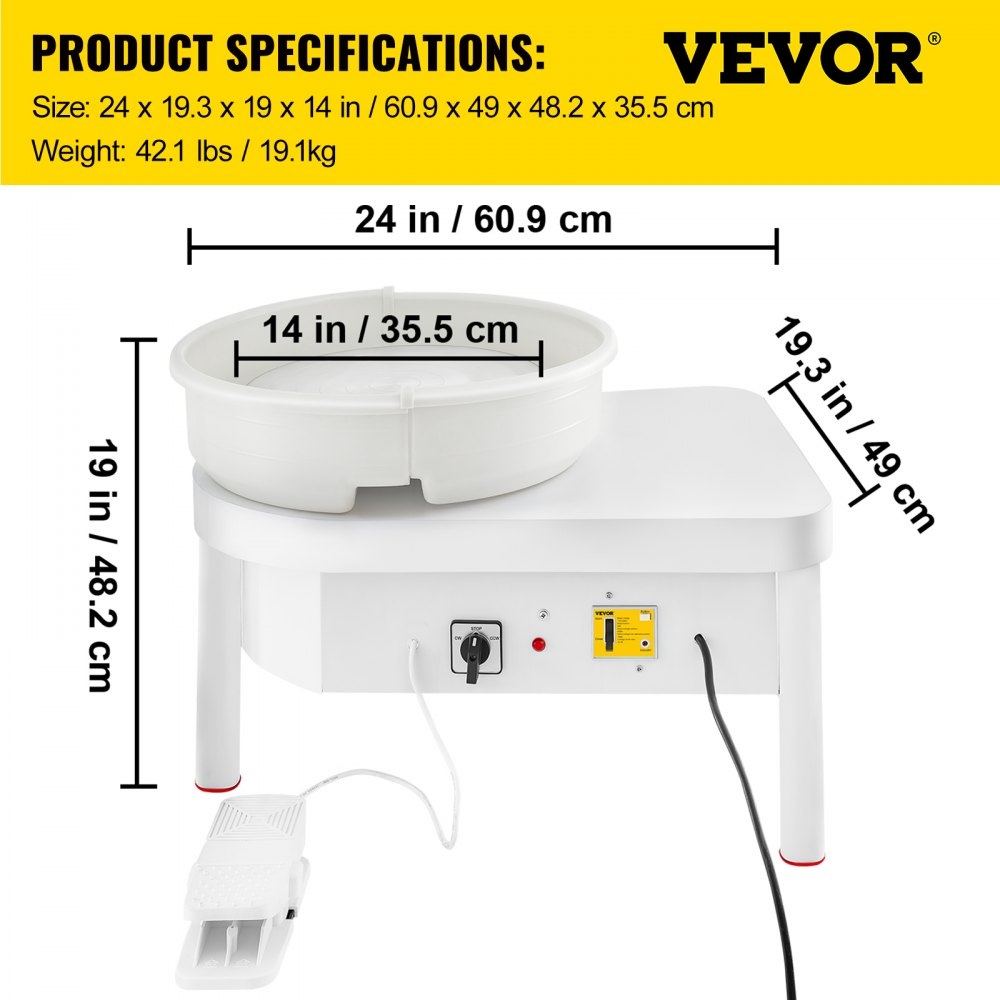 Torno de cerámica VEVOR de 36 cm con pedal para adultos, torno eléctrico de 450 W para manualidades con arcilla.
