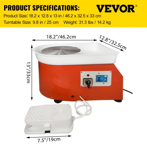 VEVOR Máquina de Cerámica de Rueda de 25 cm para Arcilla de Cerámica 0-300 r/min