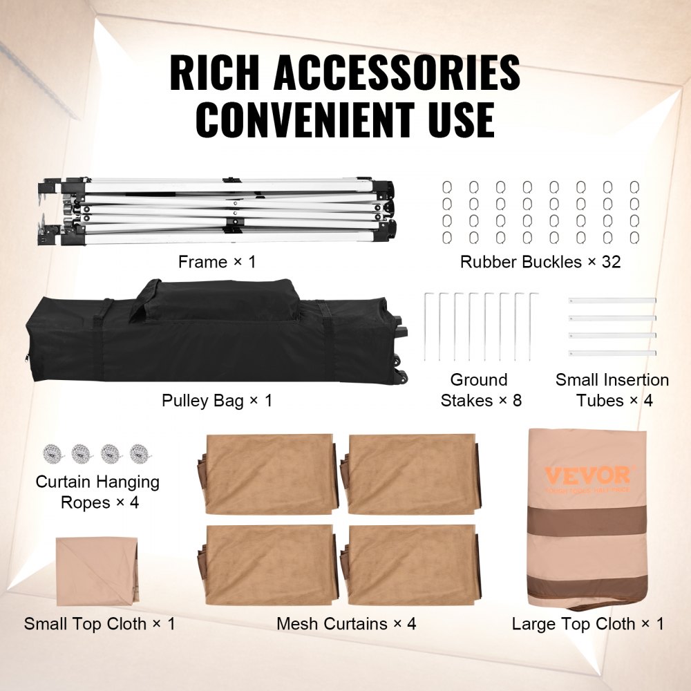 VEVOR - Cenador de patio plegable de 3,3 x 3,3 m para 8-10 personas, con mosquitera, estructura de metal y tela Oxford 250D con revestimiento de poliuretano. Ideal para exteriores, patio, jardín, terraza o césped.