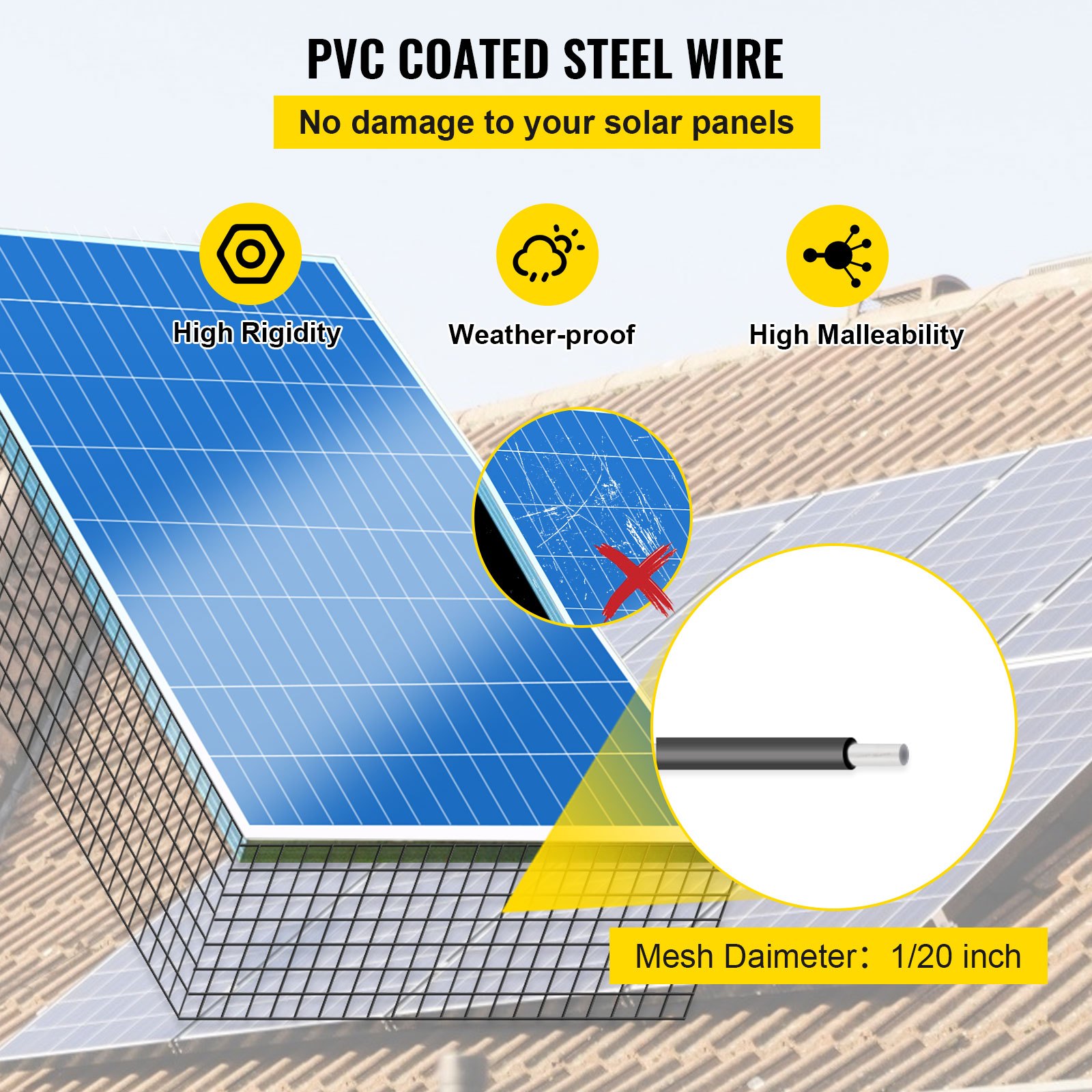 Alambre de acero recubierto de PVC que protege los paneles solares con alta rigidez y características resistentes a la intemperie.