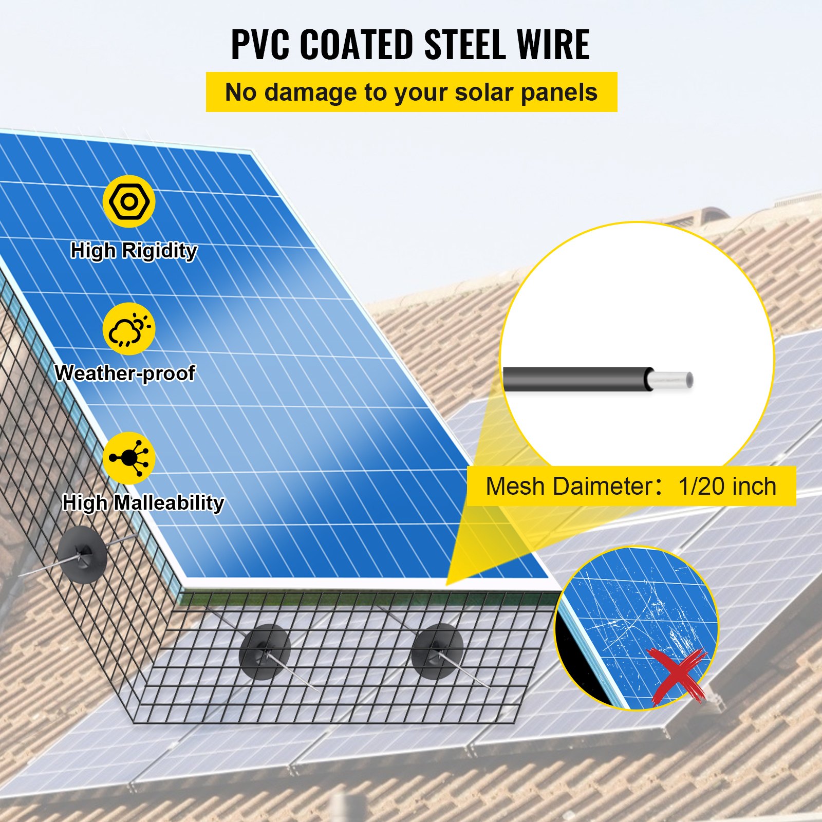 Alambre de acero recubierto de PVC para protección de aves en paneles solares VEVOR, resistente a la intemperie, alta maleabilidad.
