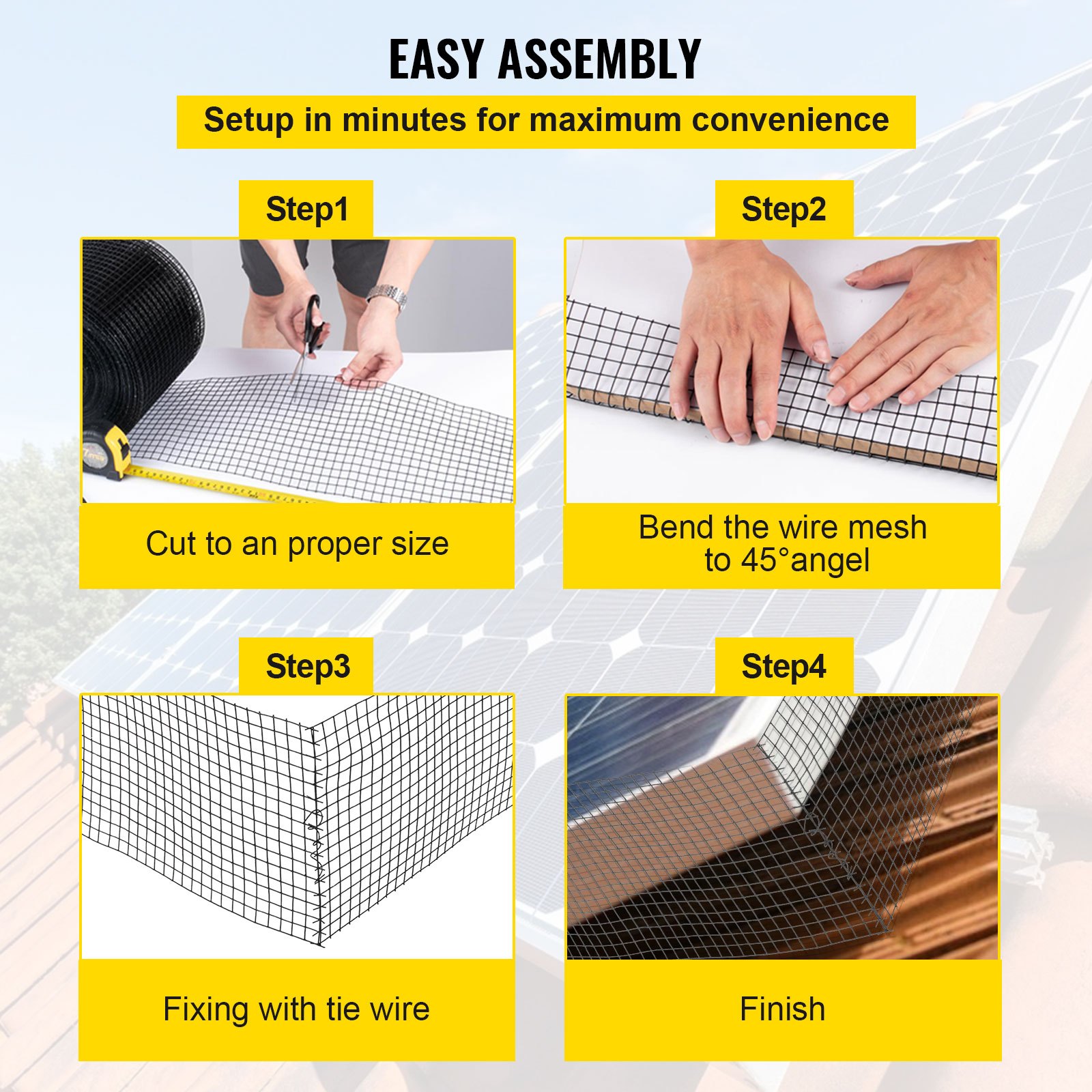 Fácil montaje del panel solar VEVOR Bird Wire en cuatro pasos para una máxima comodidad.