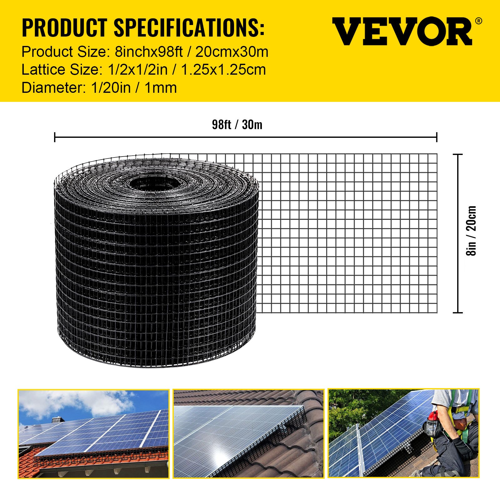 Alambre para pájaros para paneles solares VEVOR, rollo de 8 pulgadas x 98 pies con celosía, protege los paneles solares.