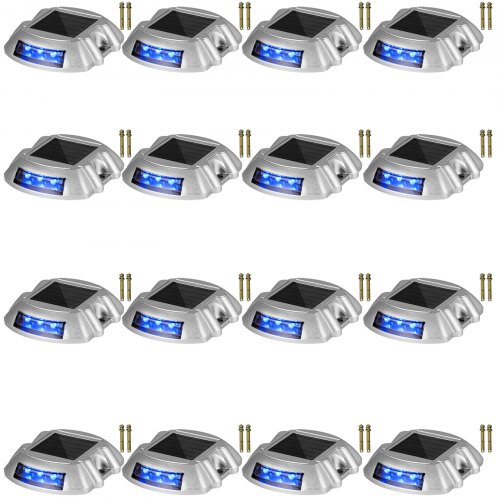 Luces solares para entradas de vehículos VEVOR, paquete de 16 unidades, con interruptor, para señalización de caminos, jardines, aceras y escalones. Carcasa de aluminio fundido, LED brillantes e impermeables, carga solar, color azul.